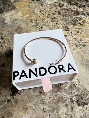 Pandora Silver Open Bangle with Ball and Crescent Ends - Silver